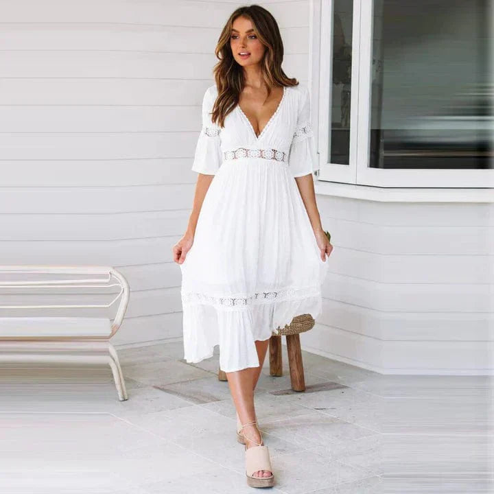 EMMA | Witte Midi Zomerjurk Met Kanten Details En A-Lijn Snit – Licht, Romantisch, Vrouwelijk