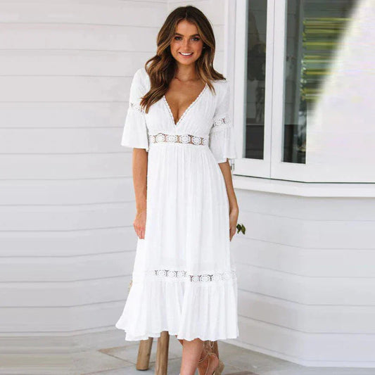 EMMA | Witte Midi Zomerjurk Met Kanten Details En A-Lijn Snit – Licht, Romantisch, Vrouwelijk