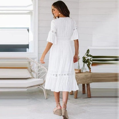 EMMA | Witte Midi Zomerjurk Met Kanten Details En A-Lijn Snit – Licht, Romantisch, Vrouwelijk