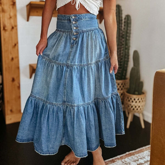 AZIZA | Blauwe Denim Midirok met hoge taille en volants – Authentieke boho vibes met een moderne twist