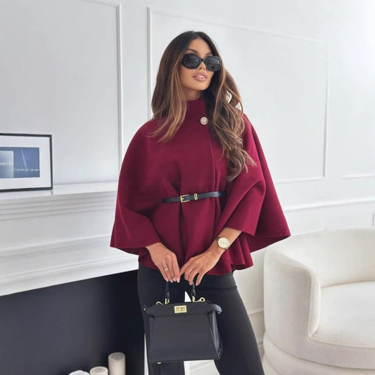 Dames Cape Coat Met Hoge Hals & Ceintuur – Chique & Flatterend