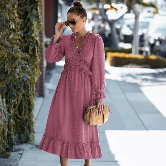 AITANA | Dames Midi-Jurk – Plumeti-Textuur – Pofmouw – Flatterende Snit – Romantische Look