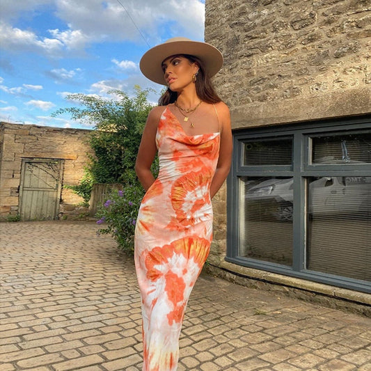 MARIANA | Zomerse Lange Jurk Met Tie-Dye Print – Gedrapeerde Halslijn & Boho Vibe