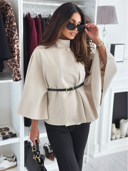 Dames Cape Coat Met Hoge Hals & Ceintuur – Chique & Flatterend