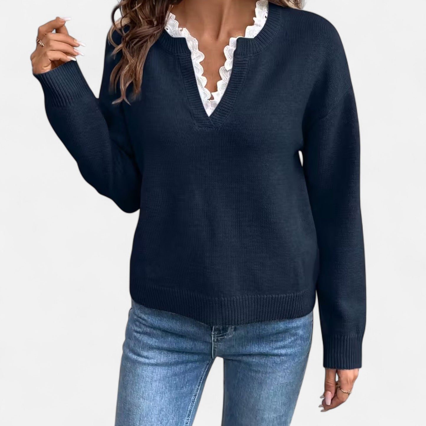 V-Hals  Dames Trui Met Kantafwerking | Zachte Gebreide Elegantie