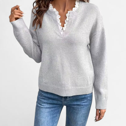 V-Hals  Dames Trui Met Kantafwerking | Zachte Gebreide Elegantie