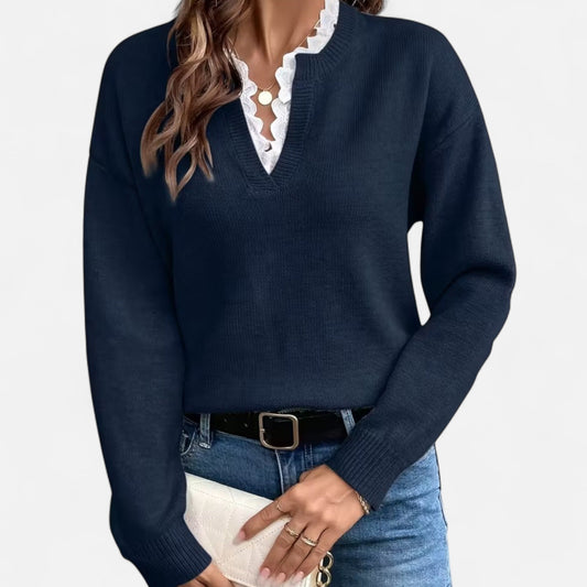 V-Hals  Dames Trui Met Kantafwerking | Zachte Gebreide Elegantie