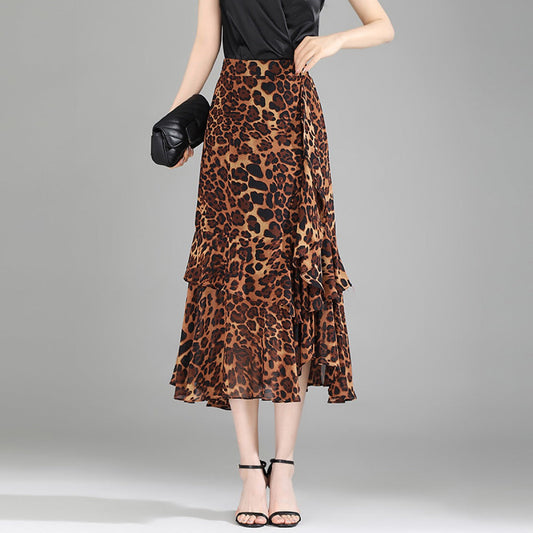 RENATA | Elegante Dames Midirok in Chiffon met Dierenprint en Ruches