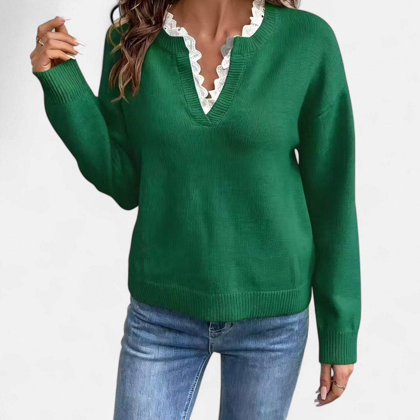 V-Hals  Dames Trui Met Kantafwerking | Zachte Gebreide Elegantie