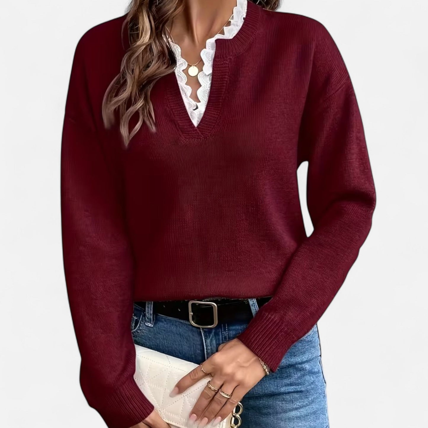 V-Hals  Dames Trui Met Kantafwerking | Zachte Gebreide Elegantie