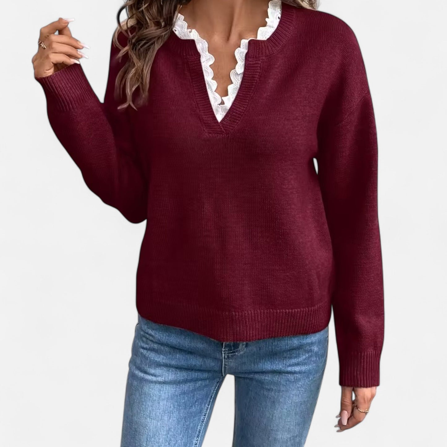 V-Hals  Dames Trui Met Kantafwerking | Zachte Gebreide Elegantie