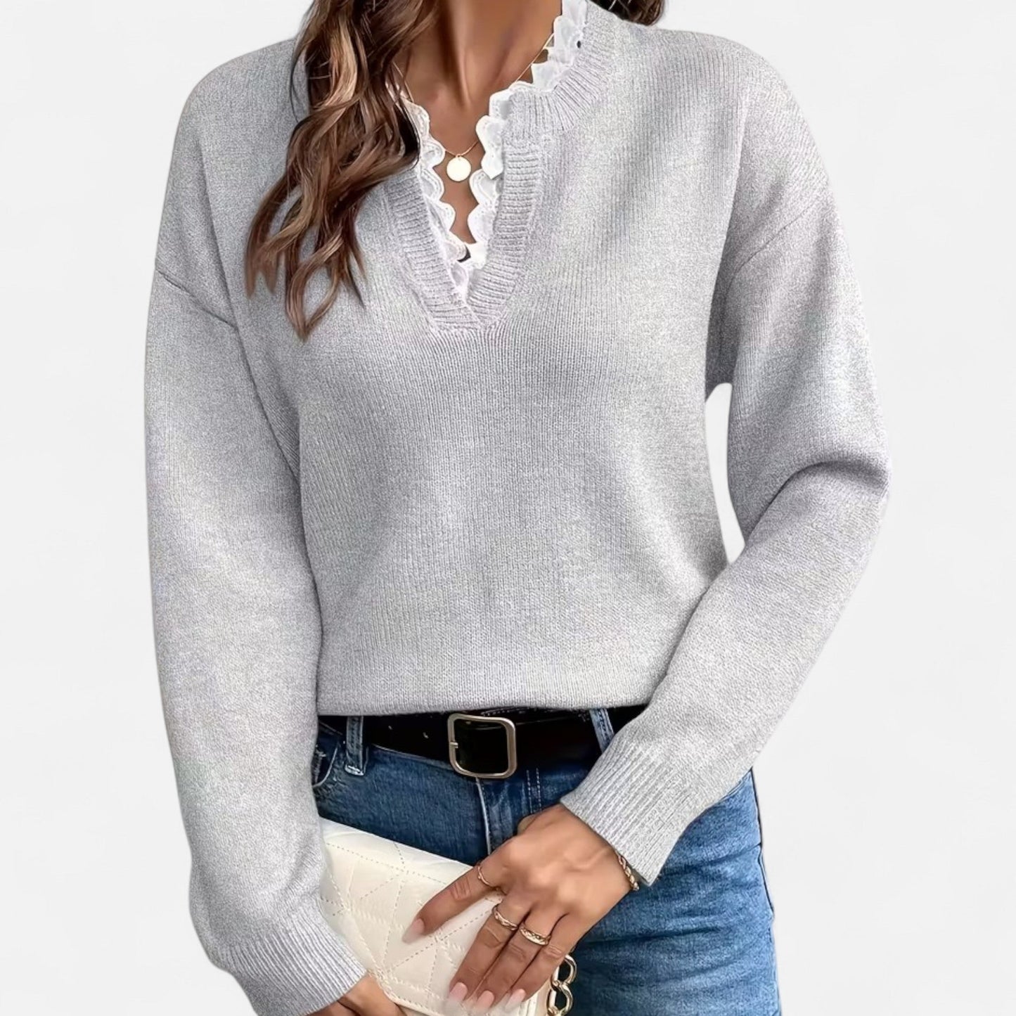 V-Hals  Dames Trui Met Kantafwerking | Zachte Gebreide Elegantie