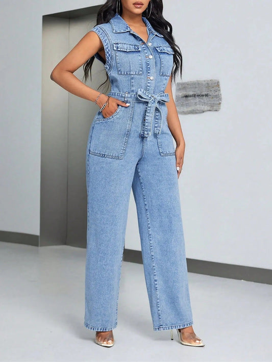 PILAR | Elegante Mouwloze Denim Dames Jumpsuit Met Riem – Stoer, Vrouwelijk & Urban Chic