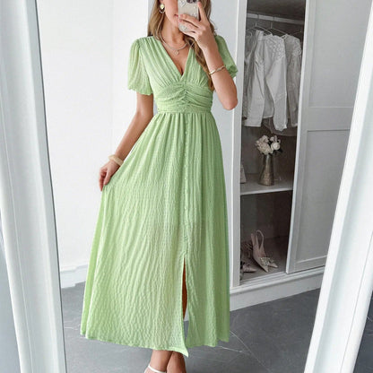 DALIA | Lange Damesjurk met Gekruiste V-Hals & Split – Tijdloze Klasse voor Elke Elegante Gelegenheid