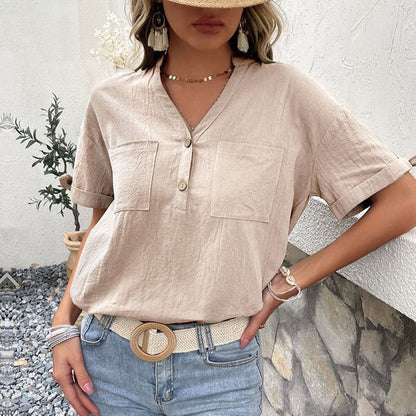 TERESA | Casual Linnen Dames Blouse – V-Hals Met Korte Mouw & Sierknopen