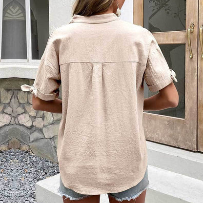 TERESA | Casual Linnen Dames Blouse – V-Hals Met Korte Mouw & Sierknopen