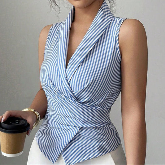 RENATA | Mouwloze Dames Blouse met Kruis Design & Strepen – Slim Fit, Elegant & Zakelijk Chic