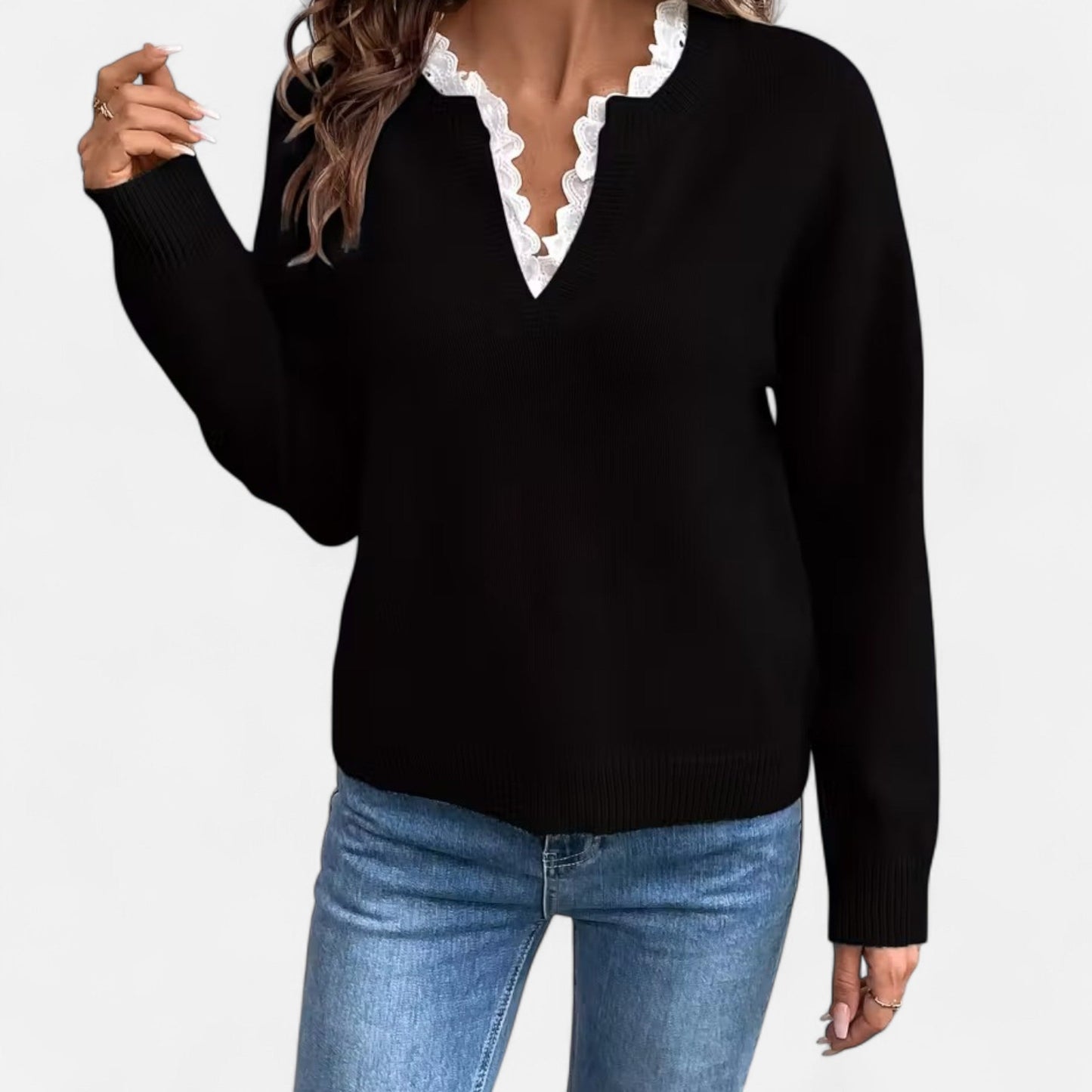 V-Hals  Dames Trui Met Kantafwerking | Zachte Gebreide Elegantie
