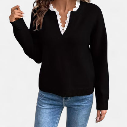 V-Hals  Dames Trui Met Kantafwerking | Zachte Gebreide Elegantie