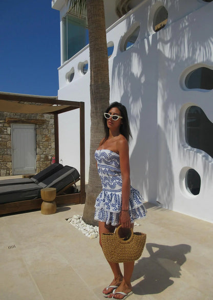 SANTORINI | Strapless Zomerjurk in Blauw Gelaagd Ontwerp – Elegant, Licht & Veelzijdig!