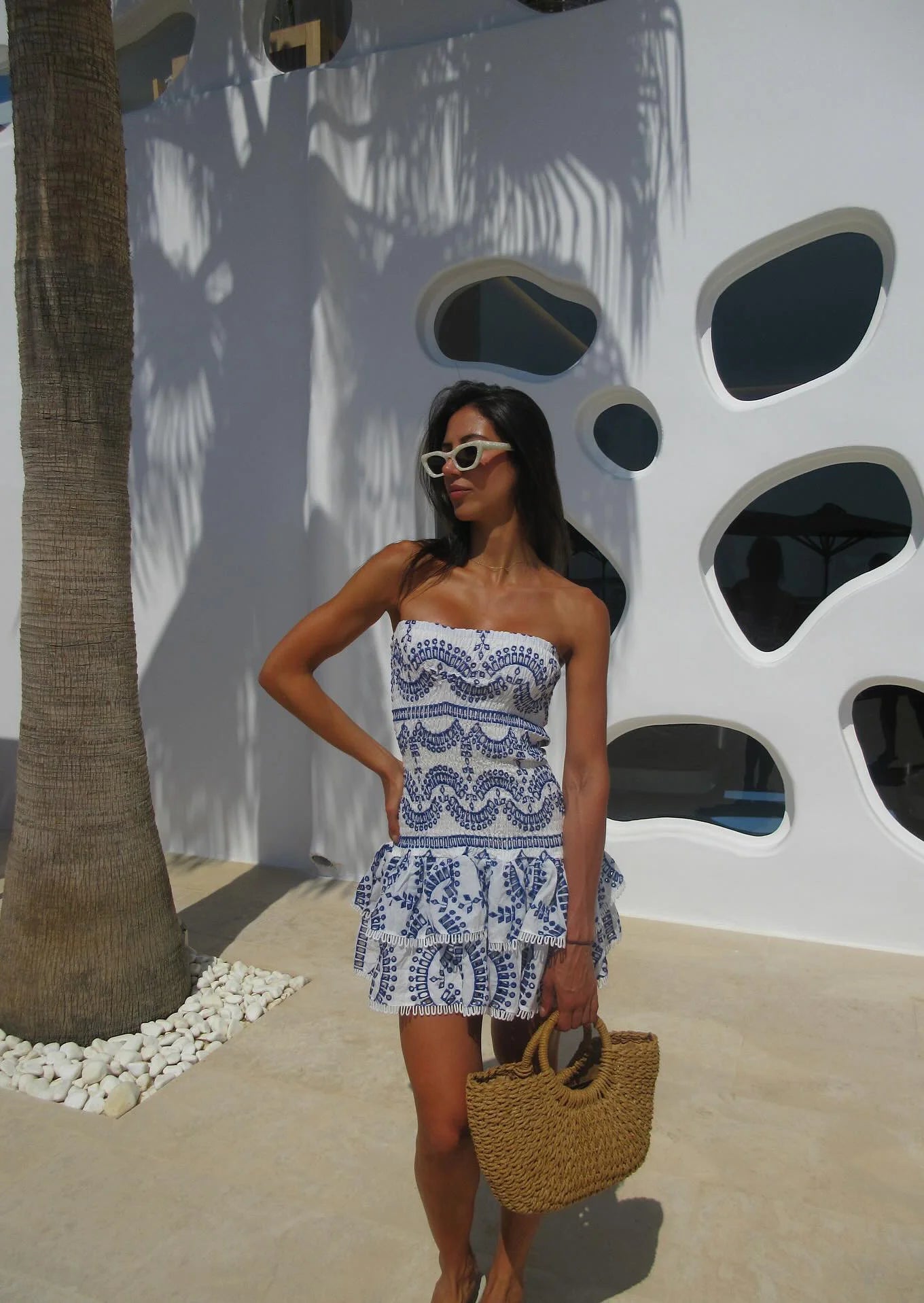 SANTORINI | Strapless Zomerjurk in Blauw Gelaagd Ontwerp – Elegant, Licht & Veelzijdig!