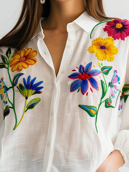 FLORY | Witte Linnen Dames Blouse Met Bloemen Boduur Design - Zomers & Elegant