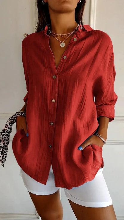 VIVIA | Katoenen Blouse met Houten Knoopjes en Gekreukelde Textuur