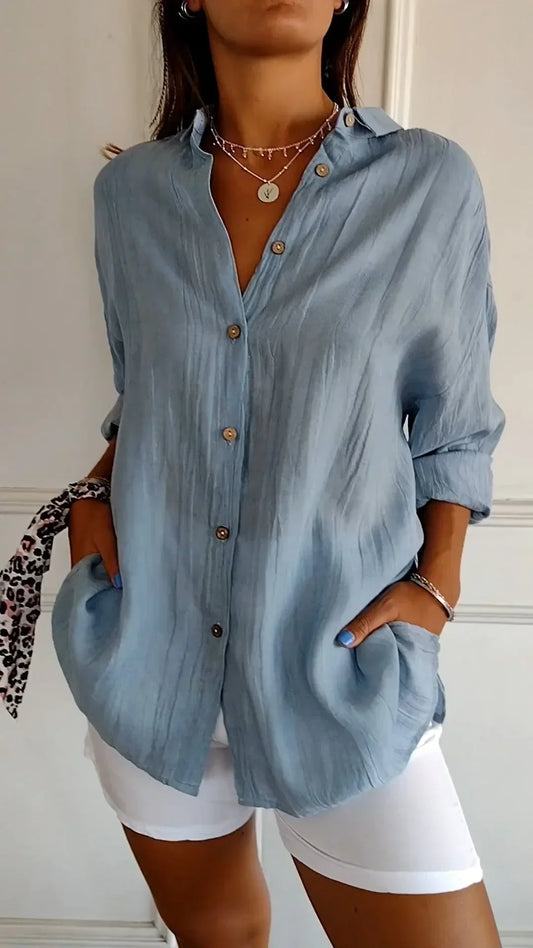 VIVIA | Katoenen Blouse met Houten Knoopjes en Gekreukelde Textuur
