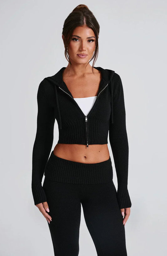 LIVIA | Gebreide Cropped Hoodie Dames Set Met Flare Legging – Comfortabel, Trendy & Ideaal Voor Casual Dagen