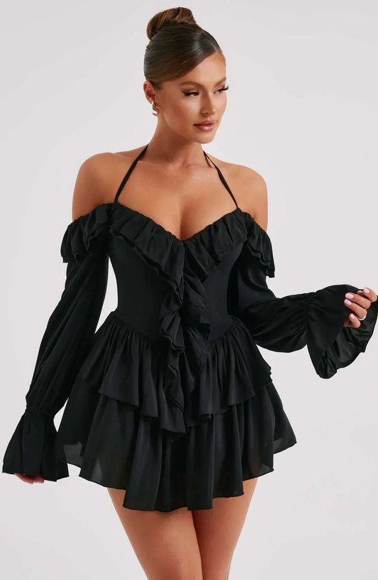 MEREL | Off-Shoulder Mini Jurk Met Ruches En Halternek – Speels, Vrouwelijk, Verleidelijk