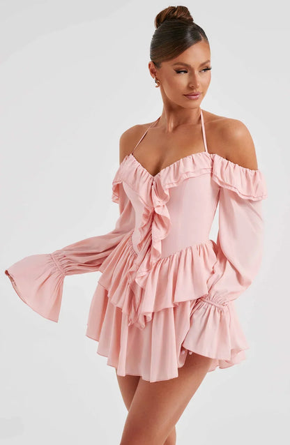 MEREL | Off-Shoulder Mini Jurk Met Ruches En Halternek – Speels, Vrouwelijk, Verleidelijk