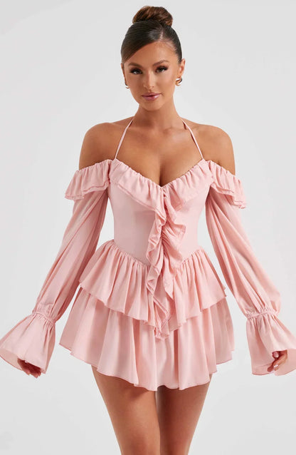 MEREL | Off-Shoulder Mini Jurk Met Ruches En Halternek – Speels, Vrouwelijk, Verleidelijk