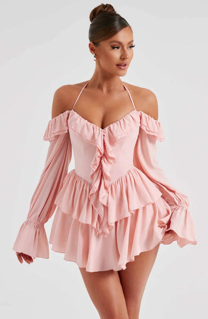 MEREL | Off-Shoulder Mini Jurk Met Ruches En Halternek – Speels, Vrouwelijk, Verleidelijk
