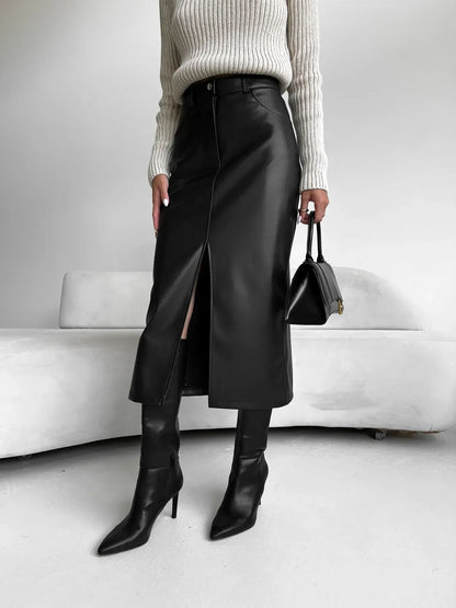 PATRICIA | Zwarte Leren Dames Rok Met Split - Luxe, Stijl & Veelzijdig