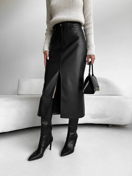 PATRICIA | Zwarte Leren Dames Rok Met Split - Luxe, Stijl & Veelzijdig