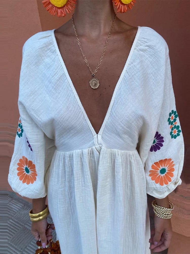 LUMA | Linnen Boho Jurk Met Bloemen, Open Rug & V-Hals - Ibiza Style