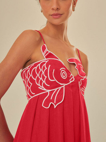AYAKA | Linnen Maxi Jurk Met Koi Vis Borduursel – Speels, Tropisch & Perfect Voor Zomerse Dagen